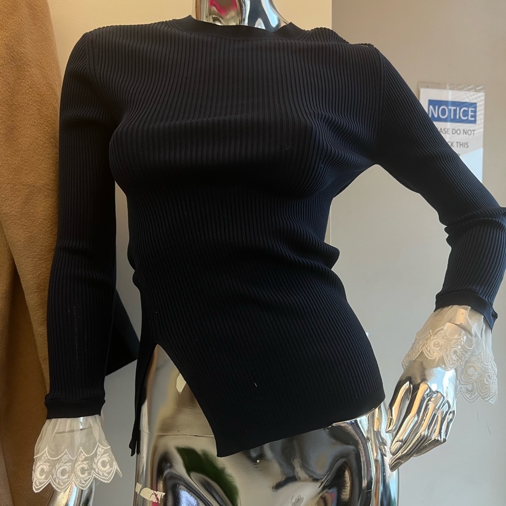 Chloe Navy Blue Knit Blouse with Lace Cuffs